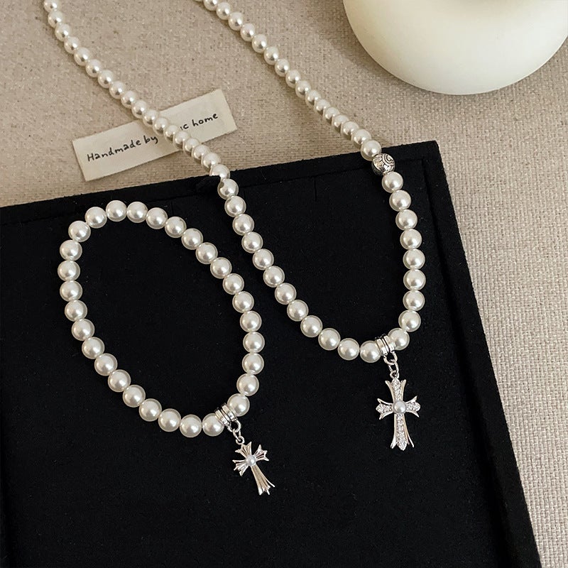 Vintage Cross Pendant Pearl Necklace Bracelet Women'S Light Luxury High-End Fashion Elegant All-Match Neck Chain Woolen Chain - Image 2